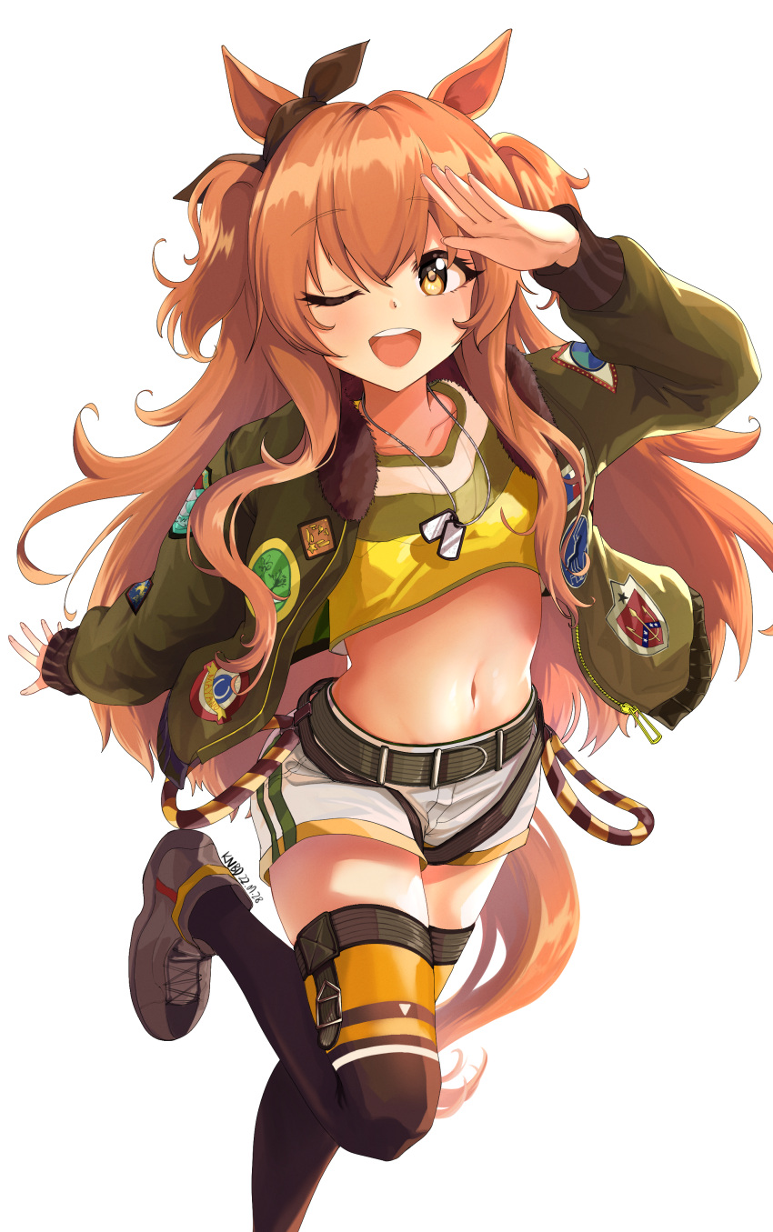 1girl absurdres animal_ears blush bomber_jacket collarbone commentary_request dog_tags highres horse_ears horse_girl horse_tail jacket knbd leg_up looking_at_viewer mayano_top_gun_(umamusume) midriff navel one_eye_closed orange_eyes orange_hair salute shorts simple_background tail thigh-highs umamusume white_background