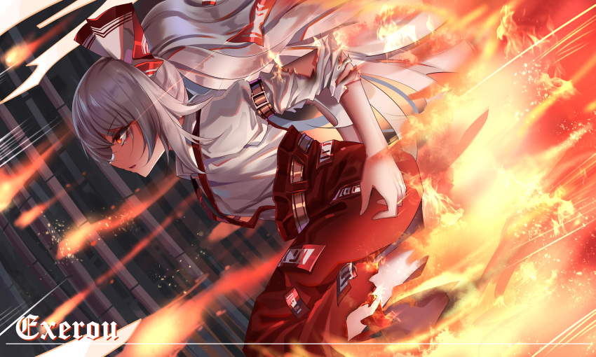 1girl absurdres arm_belt artist_name baggy_pants bamboo bamboo_forest bangs bow burnt_clothes chinese_commentary collared_shirt commentary_request dashing dutch_angle fire forest from_side fujiwara_no_mokou hair_bow highres long_hair nature open_mouth pants profile red_bow red_eyes red_pants shirt solo suspenders top-exerou touhou two-tone_bow white_bow white_hair white_shirt