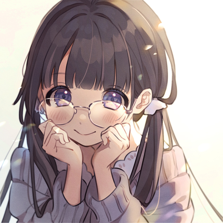 1girl bangs blunt_bangs blush brown_hair glasses hands_on_own_cheeks hands_on_own_face highres long_hair looking_at_viewer low_twintails mameyanagi off-shoulder_sweater off_shoulder original scrunchie smile solo sweater twintails violet_eyes