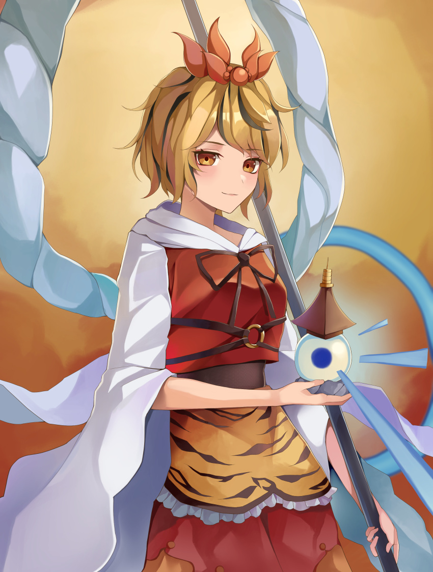 1girl absurdres animal_print black_hair blonde_hair breasts cowboy_shot hair_ornament highres holding holding_polearm holding_weapon koizumo long_sleeves multicolored_hair o-ring polearm shawl short_hair spear standing tiger_print toramaru_shou touhou two-tone_hair weapon wide_sleeves yellow_eyes