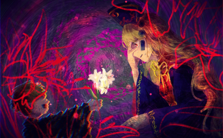 1boy 1girl bangs black_dress black_shirt blonde_hair bofeng commentary crying distortion dress flower from_side glitch hand_on_own_face highres holding holding_flower junko_(touhou) junko_day lily_(flower) long_hair long_sleeves looking_at_another mother_and_son neck_ribbon no_eyes open_mouth phoenix_crown profile red_eyes red_tabard ribbon shee_take shirt short_hair spiral touhou upper_body wide_sleeves yellow_ribbon