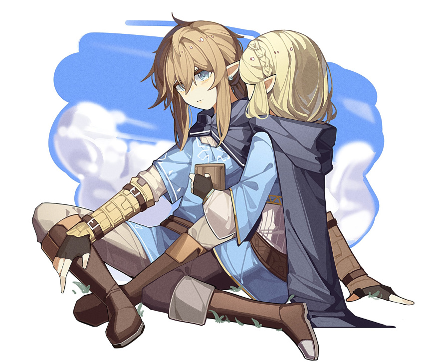 1boy 1girl black_pants blonde_hair blue_eyes blue_shirt blue_tunic blush boots braid brown_footwear cape clouds cloudy_sky couple cup earrings fingerless_gloves full_body gloves grey_pants hair_between_eyes haobuguniao highres holding holding_cup hood hooded_cape jewelry kneeling link looking_at_another low_ponytail medium_hair outdoors pants pointy_ears princess_zelda shirt short_hair sidelocks sitting sky the_legend_of_zelda the_legend_of_zelda:_breath_of_the_wild white_shirt