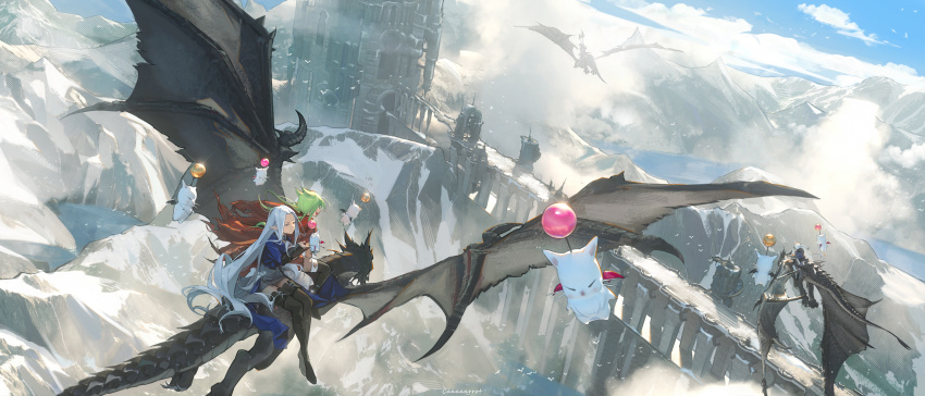 1boy 2girls above_clouds absurdres alphinaud_leveilleur animal_ears arcade_(architecture) arch artist_name avatar_(ff14) bird black_footwear blue_eyes blue_hair blue_sky boots bridge cape cat_ears chinese_commentary city clouds commentary_request day dragon dutch_angle elezen elf estinien_varlineau fantasy fantasy_earth_zero final_fantasy final_fantasy_xiv flying from_above glint green_hair hand_up highres in-universe_location landscape long_hair long_sleeves low_twintails miqo'te moogle mountain mountainous_horizon multiple_girls open_mouth orange_cape outdoors pointy_ears riding riding_dragon scenery silhouette sitting sky smile snow stone thigh_boots torn_cape torn_clothes toto_(caaaaarrot) tower twintails very_long_hair water wide_shot ysayle_dangoulain