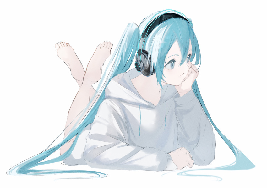 1girl absurdres bangs barefoot black_hairband blue_eyes blue_hair closed_mouth full_body hair_between_eyes hairband hatsune_miku headphones highres hood hood_down hooded_sweater legs_up long_hair long_sleeves lying on_stomach potetoneko sketch soles solo sweater twintails very_long_hair vocaloid white_sweater