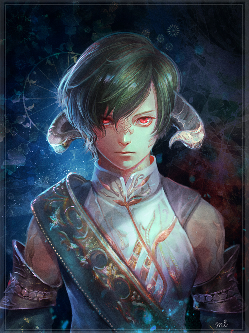 1boy abstract_background arms_at_sides au_ra bangs border detached_sleeves dragon_horns expressionless final_fantasy final_fantasy_xiv green_hair grey_border highres horns looking_at_viewer male_focus mil4 red_eyes sash scales shirt short_hair signature sleeveless sleeveless_shirt solo straight-on swept_bangs turtleneck upper_body varshahn white_shirt