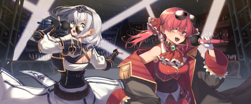 2girls absurdres armor breasts coat coat_on_shoulders covered_navel dress eyewear_on_head green_eyes green_hair headgear heterochromia highres hololive houshou_marine knight large_breasts leotard long_sleeves looking_at_viewer microphone multiple_girls open_mouth pirate red_eyes redhead shirogane_noel skirt sleeveless sunglasses sunnillust twintails virtual_youtuber wide_sleeves yellow_eyes