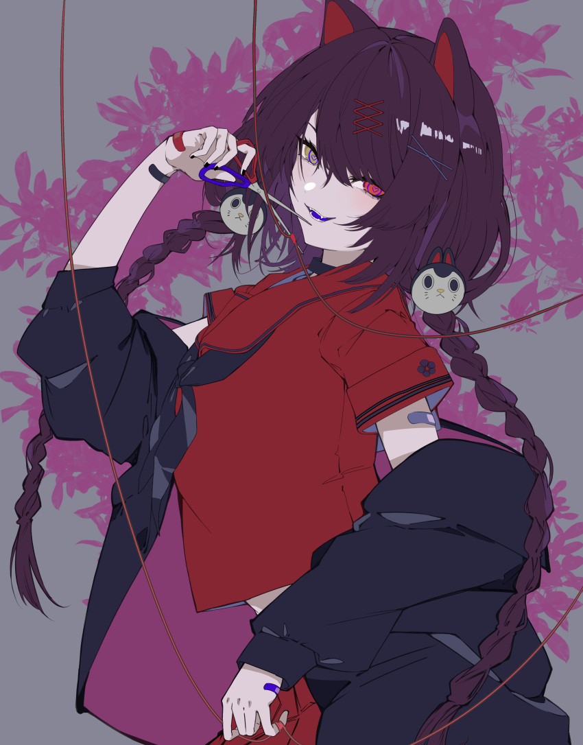 1girl absurdres animal_ears bandaid bandaid_on_arm bandaid_on_hand bangs black_jacket black_neckerchief braid brown_hair choker dog_ears from_side gohan_(gohanchang) grey_background hair_ornament heart heart-shaped_pupils heterochromia highres holding holding_scissors inui_toko jacket kyuuto_na_kanojo_(cevio) long_hair long_sleeves looking_at_viewer looking_to_the_side low_twin_braids neckerchief nijisanji off_shoulder open_mouth red_shirt sailor_collar scissors shirt short_sleeves smile solo string symbol-shaped_pupils teeth twin_braids upper_body virtual_youtuber x_hair_ornament