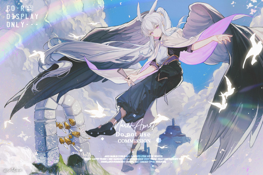 1boy absurdly_long_hair aloe0421 bangs bird black_wings blunt_bangs cape clouds cloudy_sky day earrings floating glowing grey_hair hair_between_eyes head_tilt high_ponytail highres holding jewelry light_rays long_hair looking_at_viewer male_focus mimizuku_(sky:_children_of_the_light) pointy_hair ponytail rainbow sky sky:_children_of_the_light solo very_long_hair white_hair wings