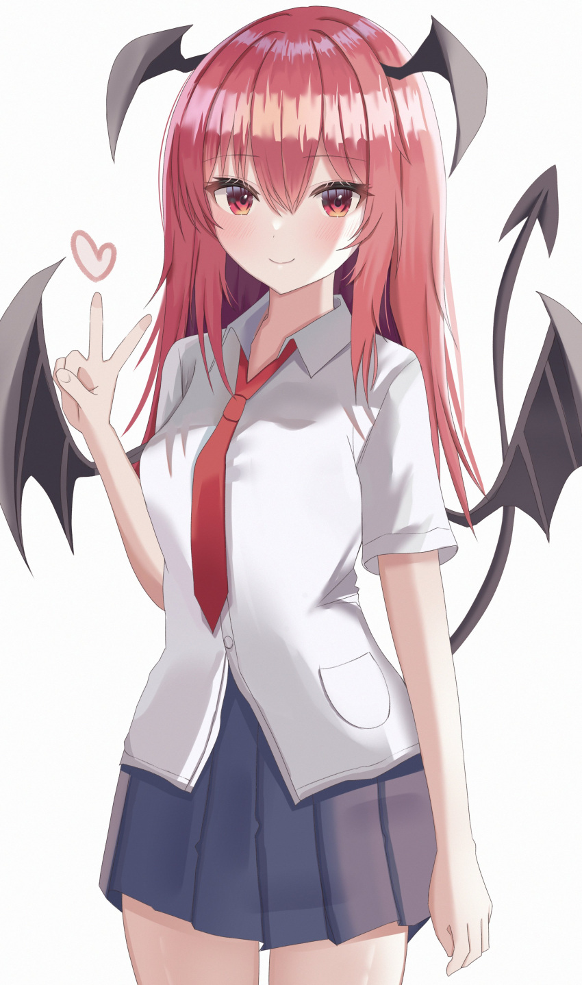 1girl absurdres alternate_costume aohane bangs bat_wings black_skirt black_wings breasts closed_mouth collared_shirt cowboy_shot demon_tail head_wings heart highres koakuma long_hair looking_at_viewer medium_breasts multiple_wings necktie pleated_skirt red_eyes red_necktie redhead school_uniform shirt simple_background skirt smile solo standing tail tail_raised touhou v white_background white_shirt wings