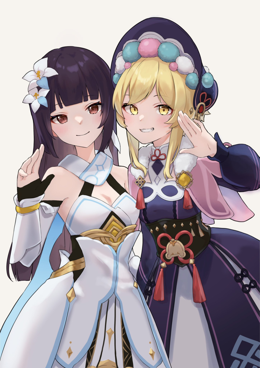 2girls black_gloves black_hair blonde_hair bonnet capelet commentary_request cosplay costume_switch detached_sleeves dress flower genshin_impact gloves hair_flower hair_ornament highres long_hair long_sleeves lumine_(genshin_impact) lumine_(genshin_impact)_(cosplay) multiple_girls partially_fingerless_gloves pink_capelet pom_pom_(clothes) puffy_long_sleeves puffy_sleeves purple_dress purple_headwear red_eyes scarf short_hair_with_long_locks smile tassel vambraces very_long_hair vision_(genshin_impact) white_background white_dress white_flower white_scarf yellow_eyes yu_ri_0320 yun_jin_(genshin_impact) yun_jin_(genshin_impact)_(cosplay)