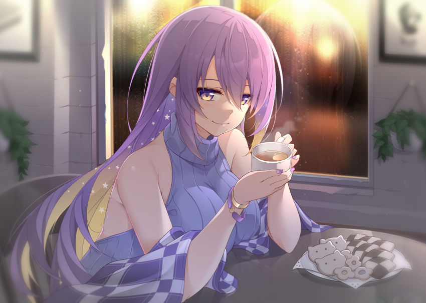 1girl alternate_costume bracelet breasts coffee_mug cookie cup food gradient_hair holding holding_cup hololive hololive_indonesia jewelry large_breasts long_hair masabodo moona_hoshinova mug multicolored_hair plant potted_plant purple_hair purple_nails sleeveless sleeveless_turtleneck smile starry_hair turtleneck violet_eyes virtual_youtuber window