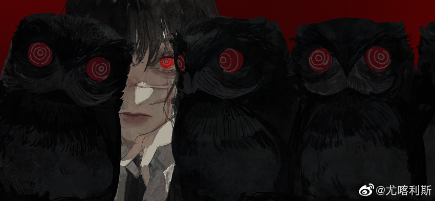 1girl @_@ bangs bird black_hair chainsaw_man close-up commentary expressionless head_on_hand head_rest highres looking_at_viewer mitaka_asa one_eye_covered owl portrait red_background red_eyes ringed_eyes scar scar_on_cheek scar_on_face simple_background solo susukino symbol-only_commentary war_devil_(chainsaw_man) weibo_logo weibo_username