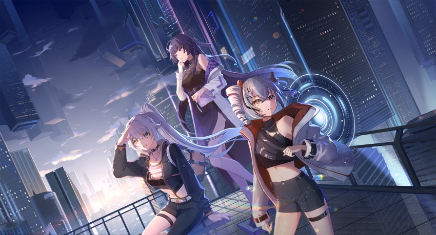 3girls ahoge belt black_dress black_jacket black_shirt black_shorts blue_eyes bronya_zaychik building casual clouds cloudy_sky coat dress drill_hair grey_eyes grey_hair grey_sky hair_ornament heterochromia highres holographic_interface honkai_(series) honkai_impact_3rd jacket kiana_kaslana long_sleeves multiple_girls outdoors ponytail purple_hair raiden_mei shirt shorts sky skyscraper sunrise tsuruki_noki twin_drills violet_eyes white_coat white_hair white_jacket yellow_eyes