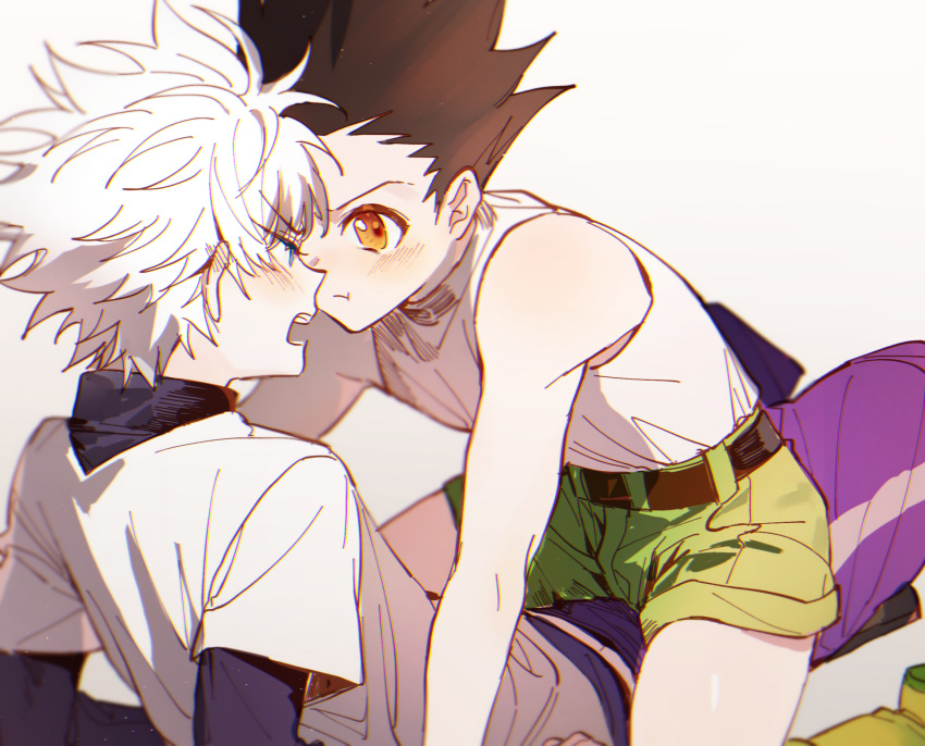 2boys bare_shoulders black_hair blue_eyes boy_on_top brown_eyes child commentary_request face-to-face gon_freecss green_shorts highres hunter_x_hunter killua_zoldyck male_child male_focus multiple_boys open_mouth shirt short_hair shorts spiky_hair tank_top turtleneck white_hair white_shirt white_tank_top yomi4310