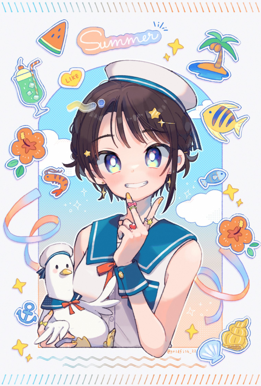 1girl alternate_costume anchor bangs bird blue_eyes blush border bow bowtie brown_hair commentary_request duck earrings english_text fish flower food goldfish_22 hand_up hat heart highres holding hololive ice_cream ice_cream_float jewelry oozora_subaru palm_tree red_bow red_bowtie ring sailor_hat school_uniform seashell serafuku shadow shell shirt short_hair sidelocks sleeve_cuffs sleeveless sleeveless_shirt smile sticker subaru_duck swept_bangs teeth tilted_headwear tree twitter_username v virtual_youtuber watermelon_slice white_border