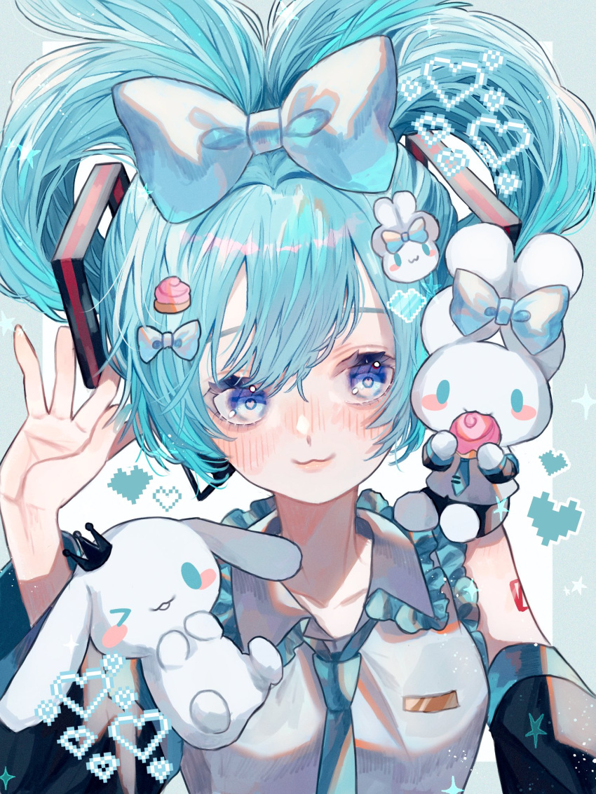 &gt;_o 1girl :3 aqua_hair aqua_necktie bangs black_sleeves blue_bow blue_eyes blush body_writing bow cinnamiku cinnamon_roll cinnamoroll closed_mouth collared_shirt commentary creature creature_on_shoulder detached_sleeves eating frilled_shirt frilled_shirt_collar frills grey_shirt hair_bow hair_ornament hand_up harumi_nimu hatsune_miku heart highres looking_at_viewer matching_outfit necktie on_shoulder one_eye_closed sanrio shirt smile solo star_(symbol) tie_clip tied_ears updo upper_body vocaloid