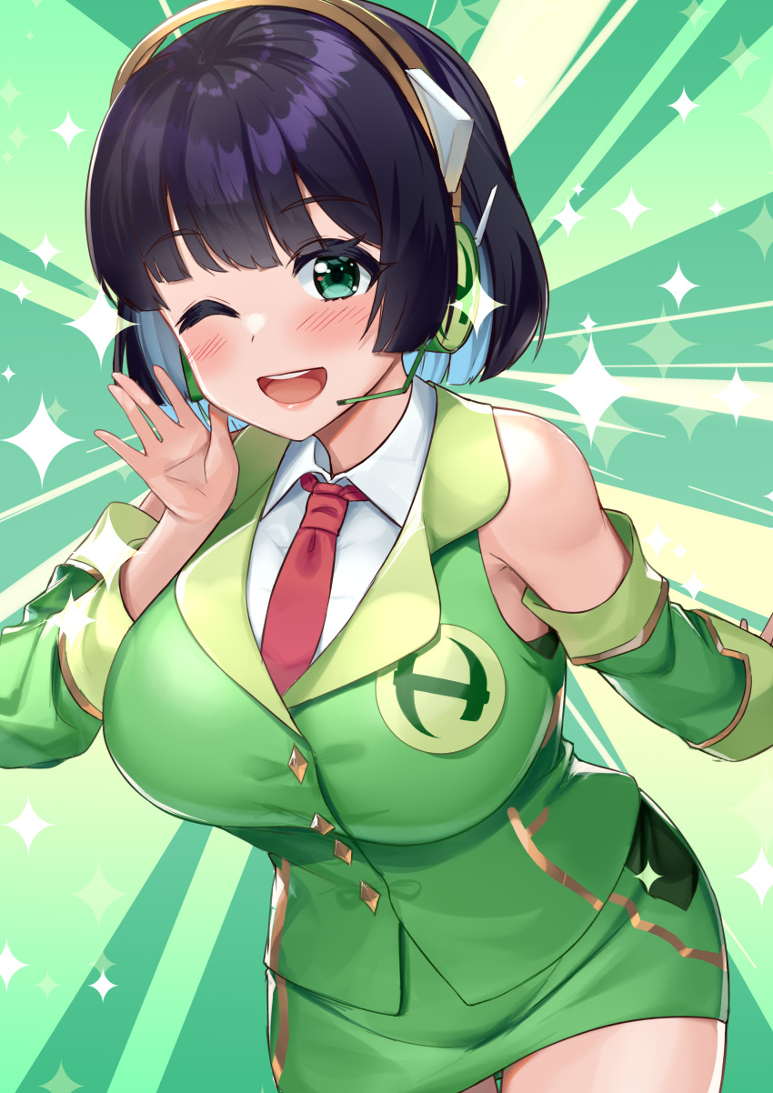 1girl ;d absurdres bare_shoulders black_hair blue_hair blush breasts collared_shirt colored_inner_hair detached_sleeves green_eyes green_skirt green_vest headset highres kyoumachi_seika large_breasts looking_at_viewer multicolored_hair necktie one_eye_closed open_mouth pencil_skirt red_necktie shirt short_hair skirt sleeveless sleeveless_shirt smile solo teeth tenneko_yuuri two-tone_hair upper_teeth vest voiceroid white_shirt