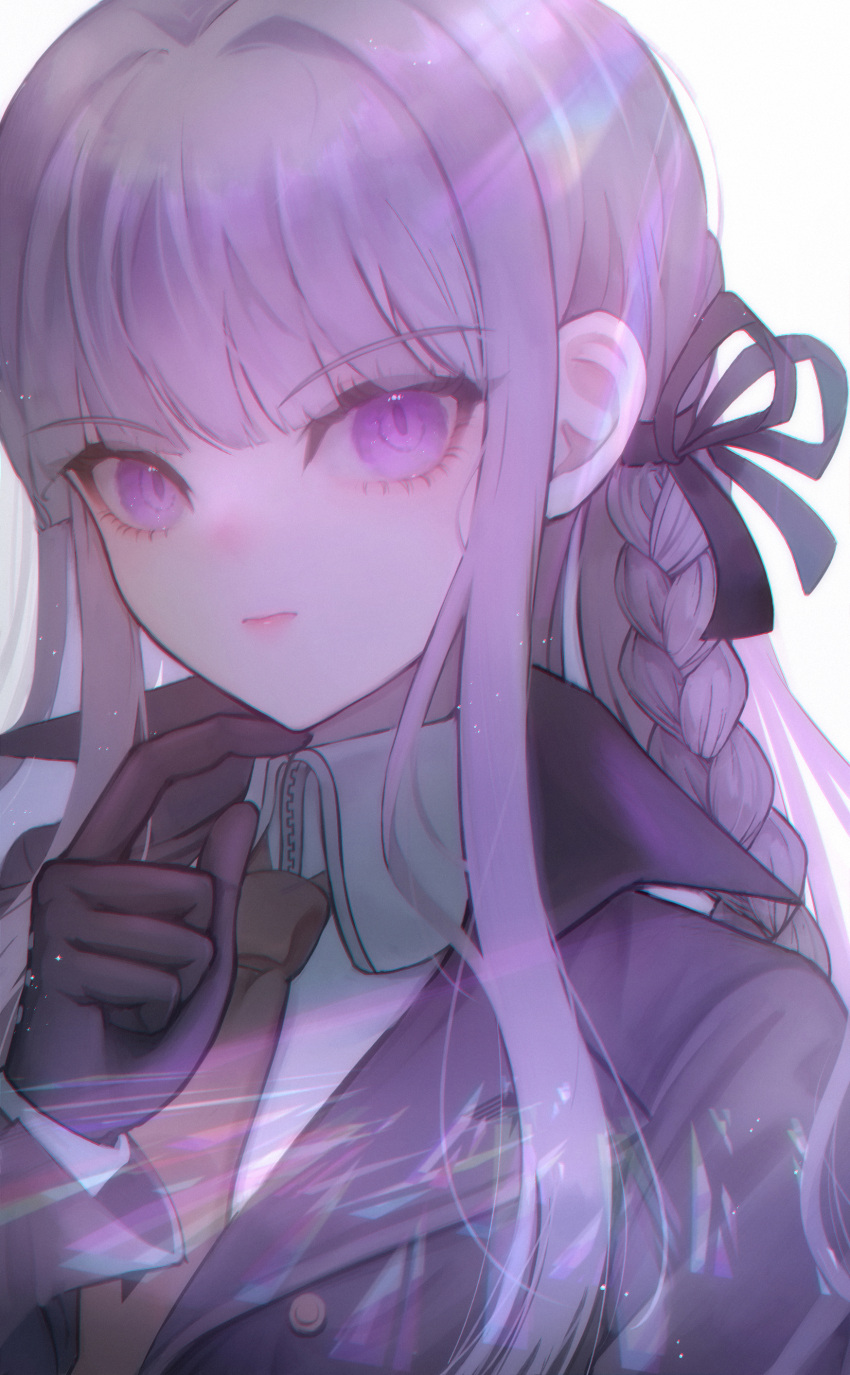 1girl absurdres bangs black_jacket black_ribbon braid brown_necktie closed_mouth collared_shirt danganronpa:_trigger_happy_havoc danganronpa_(series) gloves grey_background hair_ribbon hand_on_own_chin hand_up highres jacket kirigiri_kyouko long_hair long_sleeves necktie open_clothes open_jacket pink_eyes ribbon shirt side_braid simple_background smile upper_body violet_eyes wny_(wnys_art)