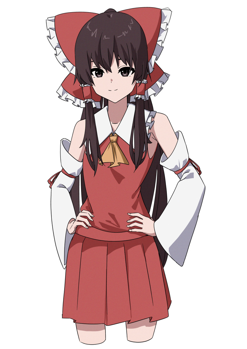 1girl absurdres ascot bangs black_eyes black_hair bow closed_mouth commentary_request cropped_torso crossed_legs detached_sleeves hair_bow hair_tubes hakurei_reimu highres long_hair looking_at_viewer ramiki red_bow red_shirt red_skirt shirt sidelocks simple_background skirt smile solo touhou white_background wide_sleeves yellow_ascot