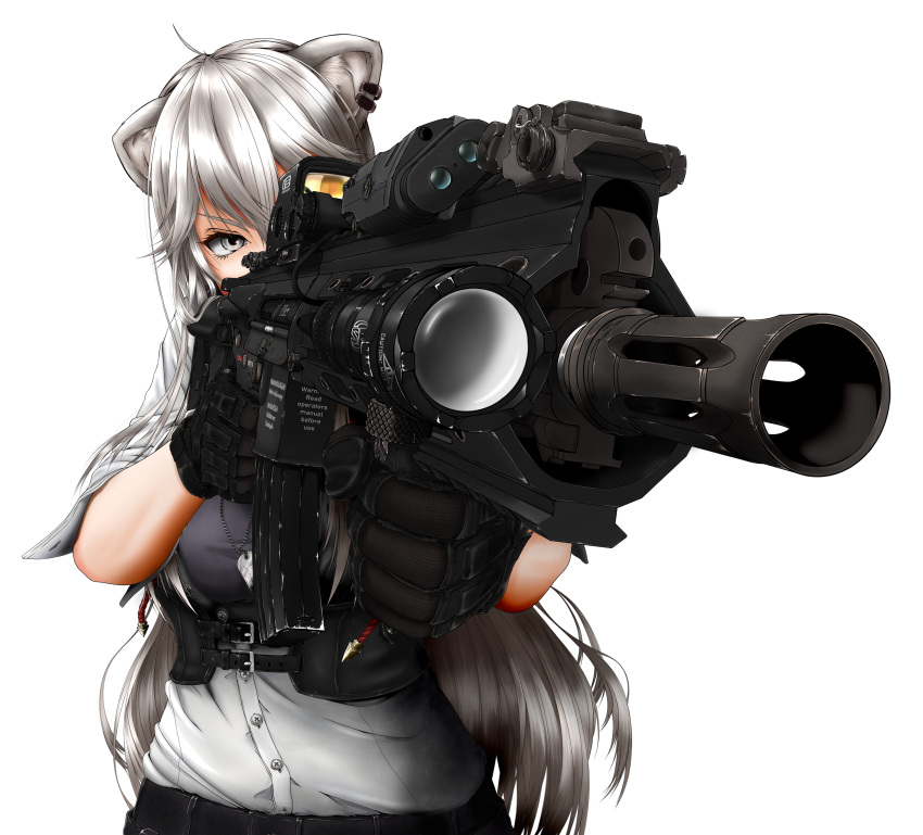 1girl absurdres ahoge aiming animal_ears assault_rifle bangs buttons denim dog_tags ear_piercing eotech foregrip gloves grey_eyes grey_hair grey_shirt gun h&amp;k_hk416 hair_between_eyes highres holding holding_weapon hololive jeans lion_ears lion_girl pants piercing rifle shirt shishiro_botan sleeves_rolled_up solo tomii_(tomii_comet) transparent_background unbuttoned unbuttoned_shirt unbuttoned_sleeves upper_body weapon white_shirt