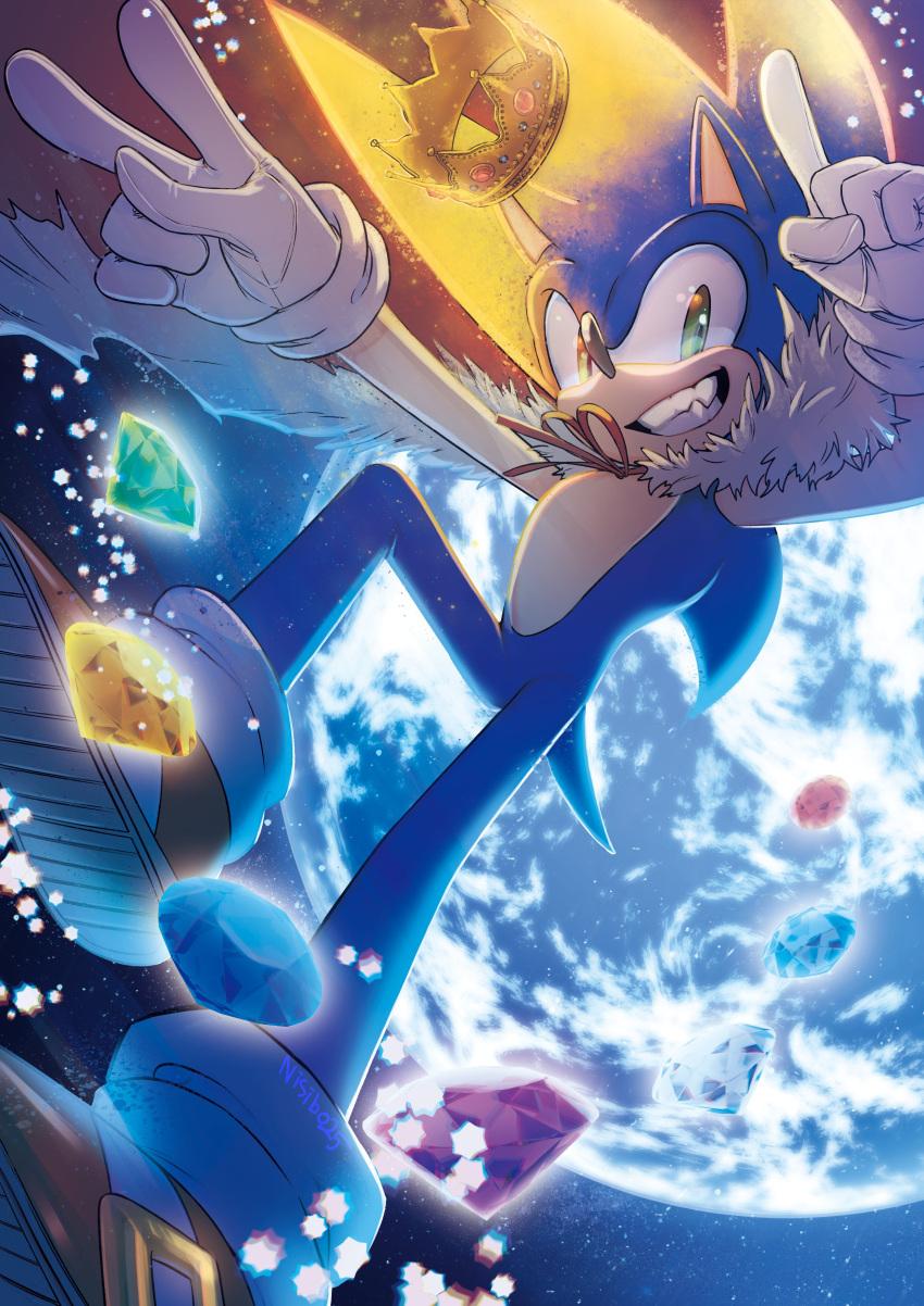 1boy absurdres cape chaos_emerald commentary_request crown earth_(planet) furry furry_male gloves green_eyes grin highres index_finger_raised korean_commentary male_focus nisibo25 planet red_cape shoes smile solo sonic_(series) sonic_the_hedgehog space super_sonic v white_gloves