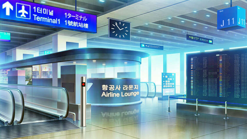 airport chinese_text clock commentary english_commentary english_text escalator highres indoors korean_text no_humans original reflection reflective_floor rkmlady translation_request