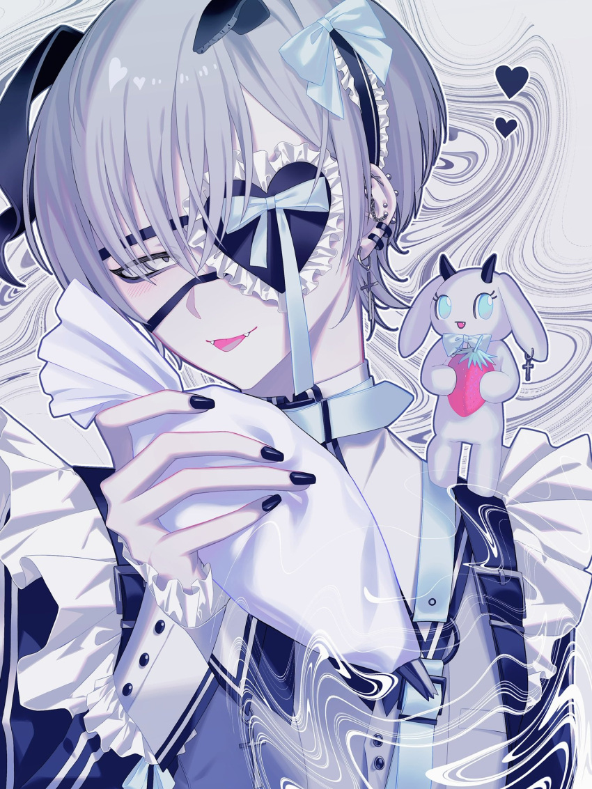 1boy alare32446233 bangs belt bishounen black_nails blush ear_piercing earrings eyepatch fangs frilled_eyepatch frilled_sleeves frills grey_eyes heart heart_eyepatch highres holding jewelry long_sleeves looking_at_viewer maid male_focus o-ring o-ring_belt original piercing short_hair sleeve_cuffs solo stud_earrings upper_body white_hair