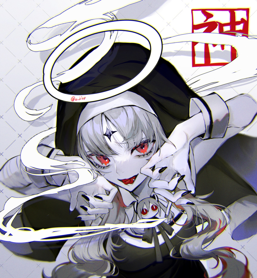 1girl absurdres aimaina bandaged_arm bandages bangs brooch cigarette colored_skin forked_tongue god-ish_(vocaloid) grey_hair habit halo hands_up hatsune_miku highres holding holding_cigarette jewelry long_hair looking_at_viewer nail_polish open_mouth parted_bangs red_eyes sharp_teeth smile smoke solo teeth tongue tongue_out translation_request vocaloid white_skin wrist_cuffs zzezee