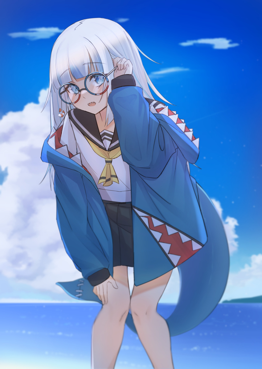 1girl absurdres animal_costume animal_hood bangs beach blue_eyes blue_hair blue_hoodie blunt_bangs fish_tail gawr_gura glasses grey_hair hair_ornament highres hololive hololive_english hood hoodie long_hair long_sleeves multicolored_hair nori_(nori_artwork) pleated_skirt school_uniform serafuku shark_costume shark_girl shark_hair_ornament shark_hood shark_tail sharp_teeth skirt sleeves_past_wrists solo streaked_hair tail teeth two_side_up virtual_youtuber white_hair wide_sleeves