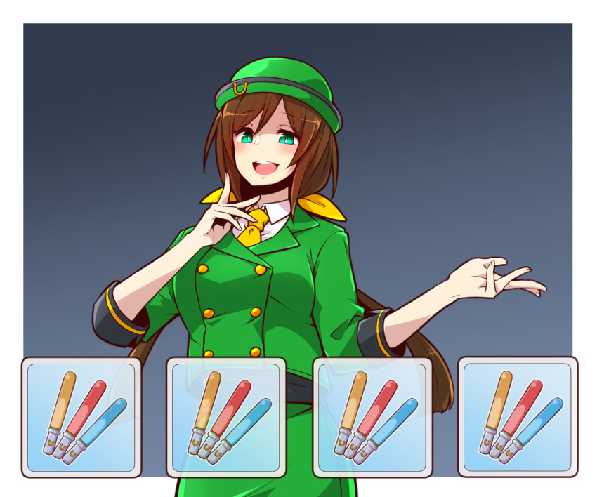 1girl aqua_eyes bow bowler_hat brown_hair buttons collared_shirt commentary double-breasted dress_shirt formal gameplay_mechanics glowstick gradient gradient_background green_headwear green_jacket green_skirt grey_background hair_bow hat hayakawa_tazuna jacket long_hair low_ponytail necktie open_mouth outside_border shaded_face shirt skirt skirt_suit solo split_ponytail suit umamusume user_interface very_long_hair white_shirt yellow_bow yellow_necktie yonedatomo_mizu