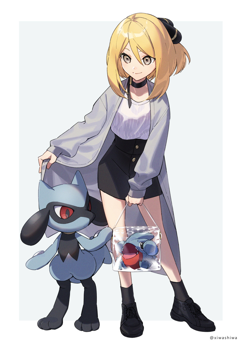 1girl absurdres bag bangs black_choker black_footwear black_skirt blonde_hair border buttons character_doll choker closed_mouth coat commentary_request cynthia_(pokemon) eyelashes gible grey_background grey_coat grey_eyes hair_ornament highres holding holding_bag looking_down open_clothes open_coat pokemon pokemon_(creature) pokemon_(game) pokemon_dppt riolu shirt shoes skirt smile socks standing twitter_username white_border white_shirt xia_(ryugo) younger