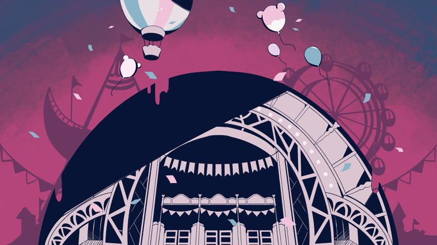 aircraft amusement_park animal_balloon balloon carnival_happy_(vocaloid) ferris_wheel flag flat_color highres hot_air_balloon maimaimaigoen no_humans nou_(nounknown) partially_colored pennant pink_background second-party_source string_of_flags
