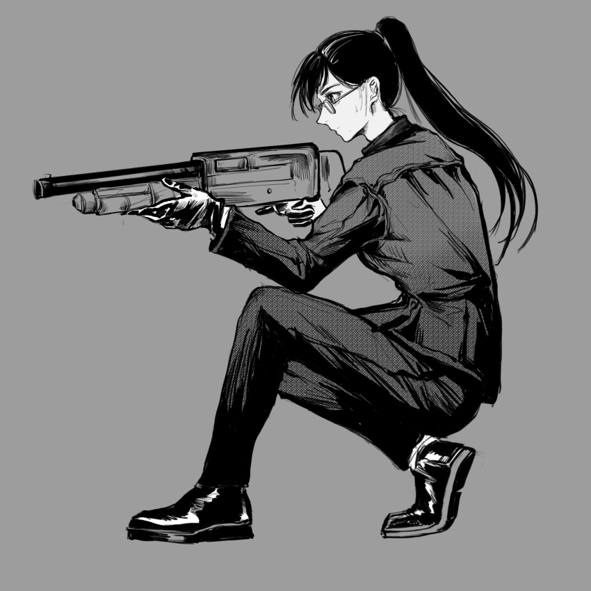 1girl closed_mouth from_side glasses gloves grey_background greyscale gun highres holding holding_gun holding_weapon jacket long_hair long_sleeves minakata_hizuru monochrome pants ponytail shoes simple_background solo squatting summertime_render weapon wulijunyan