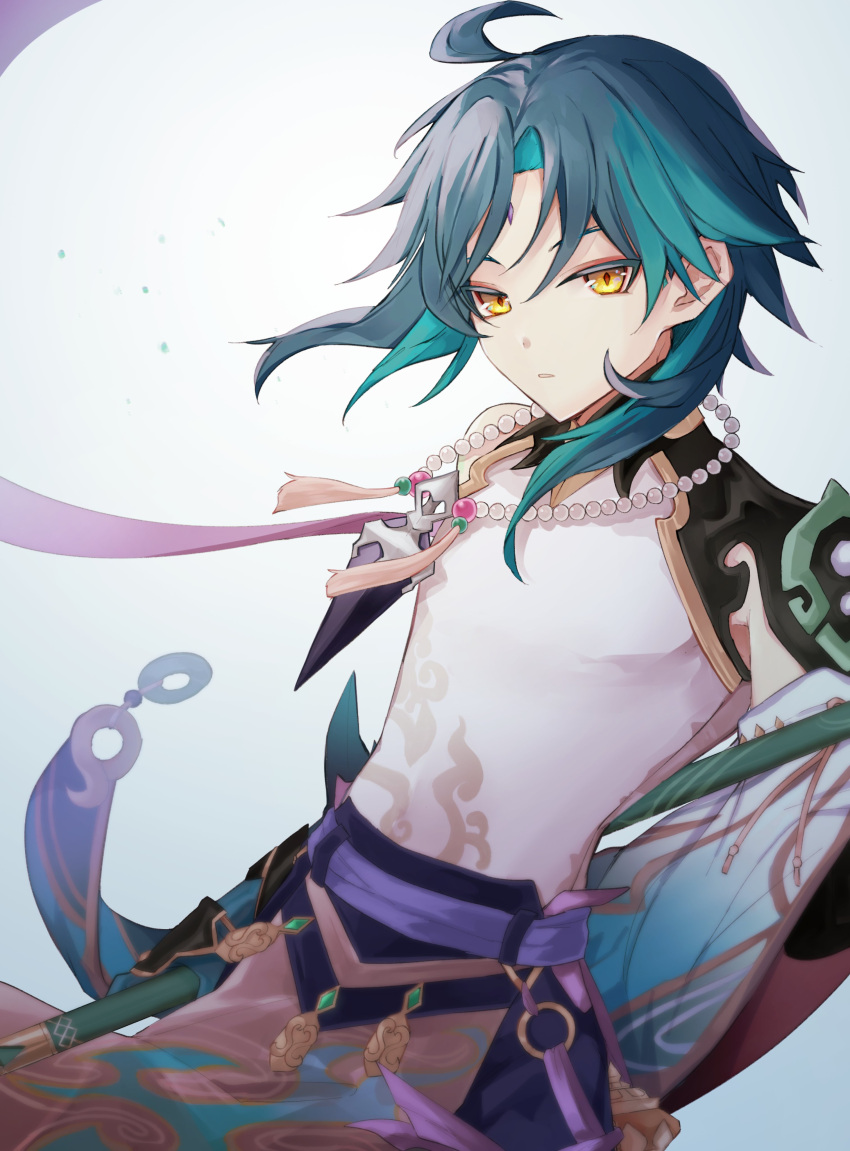 1boy absurdres ahoge aqua_hair asymmetrical_clothes bangs bead_necklace beads blue_gloves blue_pants detached_sleeves diamond-shaped_pupils diamond_(shape) expressionless eyeshadow facial_mark floating_hair forehead_mark genshin_impact gloves gradient gradient_background gradient_hair green_hair haru_(eharuru_32) highres holding holding_polearm holding_weapon jewelry looking_at_viewer makeup male_focus multicolored_hair necklace pants parted_bangs parted_lips pelvic_curtain polearm purple_ribbon red_eyeshadow ribbon shirt short_hair short_hair_with_long_locks short_sleeves sidelocks single_detached_sleeve sleeveless sleeveless_shirt solo streaked_hair symbol-shaped_pupils tassel upper_body weapon white_background white_shirt xiao_(genshin_impact) yellow_eyes