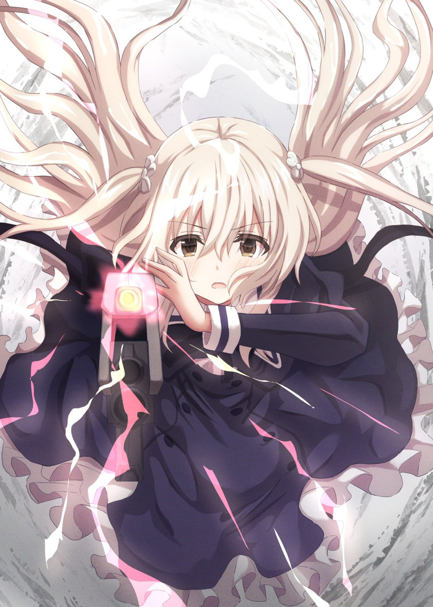 1girl aiming_at_viewer artina assault_lily bangs black_ribbon black_skirt blonde_hair blush brown_eyes buttons charging_forward commentary_request cropped_jacket egawa_kusumi energy floating_hair flower foreshortening frilled_skirt frills full_body gradient gradient_background grey_background gun hair_between_eyes hair_flower hair_ornament hands_up high-waist_skirt highres holding holding_gun holding_weapon juliet_sleeves leaning_forward long_hair long_sleeves looking_at_viewer midair neck_ribbon parted_lips puffy_sleeves ribbon school_uniform skirt solo two_side_up v-shaped_eyebrows very_long_hair weapon white_background white_flower yurigaoka_girls_academy_school_uniform