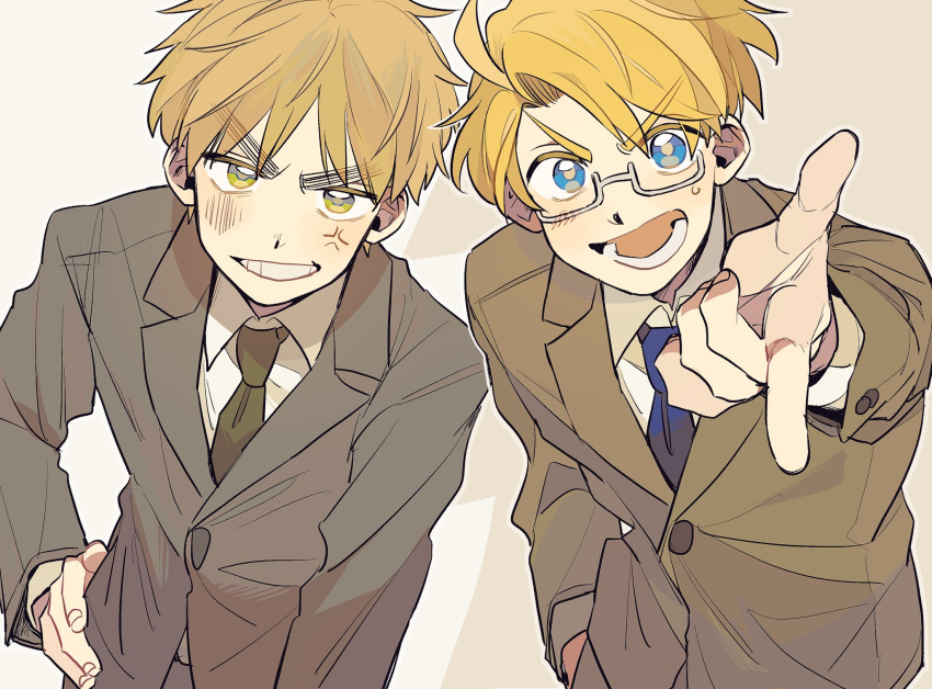 2boys ahoge america_(hetalia) anger_vein axis_powers_hetalia beige_suit blonde_hair blue_eyes blue_necktie collared_shirt foreshortening formal green_eyes green_necktie grey_suit grin hand_on_hip highres index_finger_raised looking_at_viewer male_focus multiple_boys necktie ninonuko open_mouth shirt smile suit sweatdrop thick_eyebrows united_kingdom_(hetalia) white_shirt