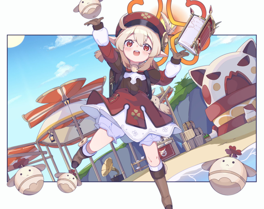 1girl :&lt; :d ahoge arm_up backpack bag barrel blonde_hair bloomers blue_sky blush book boots brown_footwear brown_gloves crate day genshin_impact gloves hat hat_feather jumpy_dumpty klee_(genshin_impact) knee_boots long_sleeves looking_at_viewer marudeningen open_book outdoors phonograph pointy_ears red_eyes short_twintails sky smile solo twintails underwear