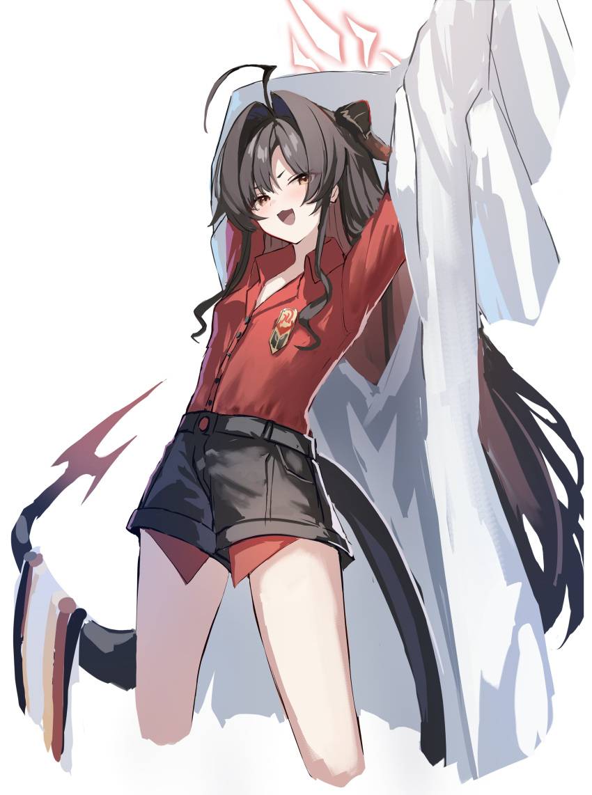 1girl absurdres ahoge arms_up black_shorts blue_archive coat cowboy_shot hair_intakes halo highres horns kasumi_(blue_archive) long_hair oversized_clothes red_shirt redhead shirt shoa_tksm shorts simple_background sleeves_past_fingers sleeves_past_wrists tail white_background white_coat
