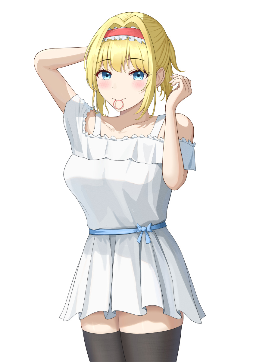 1girl absurdres alice_margatroid alternate_costume alternate_hairstyle aoyama_kou arms_up bangs bare_shoulders belt black_thighhighs blonde_hair blue_belt blue_bow blue_eyes blush bow breasts closed_mouth collarbone commentary_request dress eyes_visible_through_hair fingernails frills hair_between_eyes hairband hands_up highres long_fingernails looking_at_viewer medium_breasts nail_polish off-shoulder_dress off_shoulder pink_nails ponytail red_hairband short_hair short_ponytail short_sleeves simple_background solo thigh-highs touhou white_background white_dress
