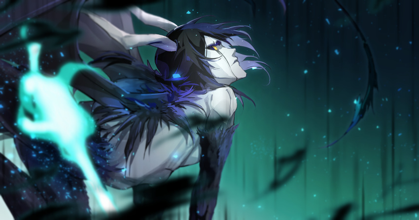 1boy black_hair black_lips black_sclera black_wings bleach closed_mouth colored_sclera facial_mark highres hishui_prpr looking_up multicolored_hair profile purple_hair short_hair solo two-tone_hair ulquiorra_cifer wings yellow_eyes