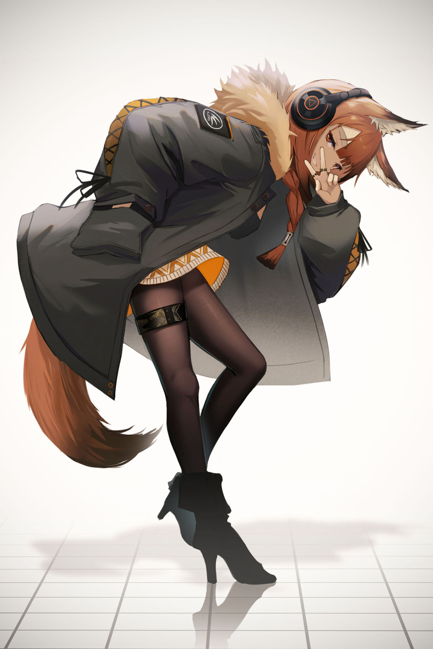 1girl animal_ears arknights braid fur-trimmed_jacket fur_trim grin headphones high_heels highres implied_extra_ears jacket kjerag_logo lodbyy long_hair looking_at_viewer orange_hair pantyhose ratatos_browntail_(arknights) red_eyes simple_background smile solo squirrel_ears squirrel_girl tail tile_floor tiles v white_background