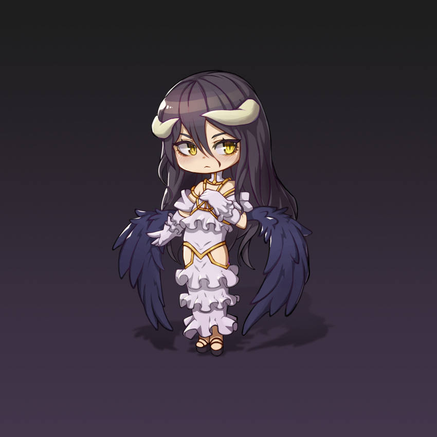 1girl :&lt; absurdres albedo_(overlord) bare_shoulders black_footwear black_hair black_wings blue_eyes blush chibi closed_mouth demon_girl demon_horns demon_wings dkxlek dress feathered_wings frilled_dress frilled_gloves frills gloves gradient gradient_background hair_between_eyes highres horns long_hair low_wings overlord_(maruyama) slit_pupils solo standing white_dress white_gloves wings