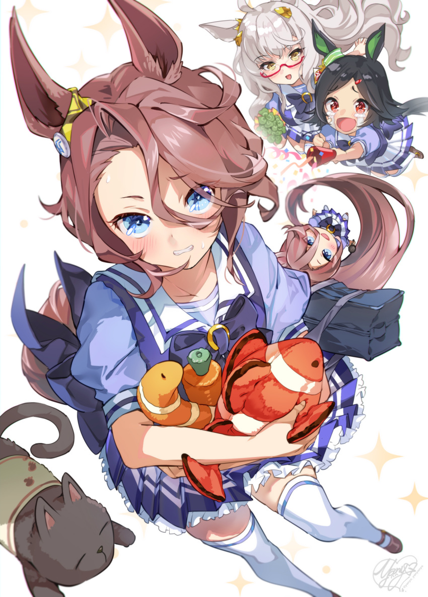 3girls absurdres ahoge animal_ears artist_logo artist_name asymmetrical_bangs bag bandaid bandaid_on_face bangs biwa_hayahide_(umamusume) black_hair blue_eyes blush brown_hair carrot cat character_doll clenched_teeth clover confetti crying from_above glasses grey_hair hair_between_eyes highres horse_ears horse_girl horse_tail long_hair looking_at_viewer multiple_girls narita_taishin_(umamusume) open_mouth party_popper pleated_skirt purple_shirt purple_skirt school_bag school_uniform semi-rimless_eyewear shirt shoes short_hair short_sleeves skirt smile solo_focus streaming_tears stuffed_animal stuffed_toy sweat tail tears teeth thigh-highs tracen_school_uniform umamusume white_thighhighs winning_ticket_(umamusume) yanyo_(ogino_atsuki)