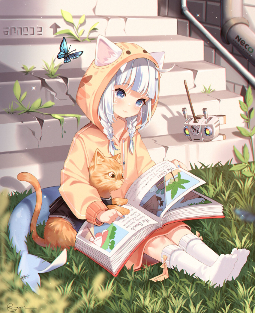 1girl absurdres animal_ears bangs blue_butterfly blue_eyes blue_hair blunt_bangs blush book braid bug butterfly cat cat_ears closed_mouth ears_through_headwear fish_tail full_body gawr_gura grass highres holding holding_book hololive hololive_english hood hood_up hoodie kuri_(animejpholic) long_hair long_sleeves multicolored_hair no_shoes open_book orange_hoodie plant shark_tail sitting socks solo streaked_hair tail twin_braids virtual_youtuber whiskers white_hair white_socks