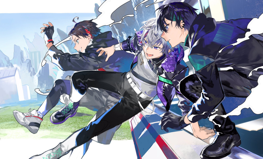 3boys ahoge bangs belt black_jacket black_pants brown_hair ear_piercing fingerless_gloves fuwa_minato gloves grey_hair grin highres hood hooded_jacket jacket jewelry jumping loafers long_sleeves male_focus mayuzumi_kai multicolored_hair multiple_boys necklace nijisanji open_mouth pants piercing purple_hair saegusa_akina serita_jon shoes short_hair smile smoke sneakers streaked_hair teeth violet_eyes virtual_youtuber