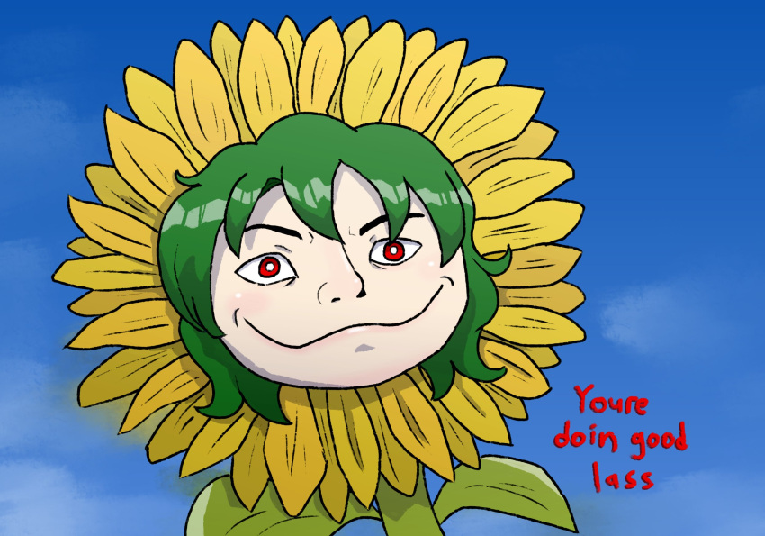 1girl blue_sky close-up closed_mouth english_commentary english_text flower green_hair highres kazami_yuuka leaf meme outdoors potatoyi red_eyes short_hair sky solo sunflower touhou yellow_flower