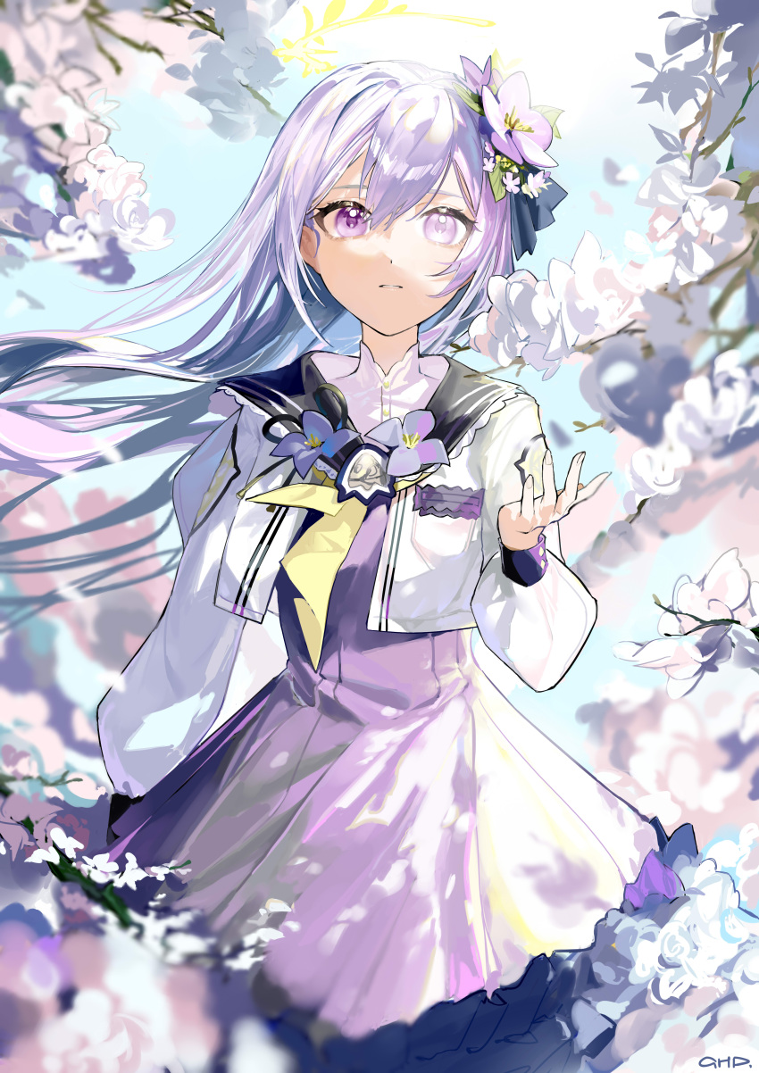 1girl absurdres artist_name ascot azusa_(blue_archive) bangs blue_archive branch cropped_jacket dress floating_hair flower gohanduck hair_flower hair_ornament halo hand_up highres jacket long_hair long_sleeves looking_at_viewer outdoors parted_lips petals pink_dress purple_hair sailor_collar solo violet_eyes white_jacket wind yellow_ascot