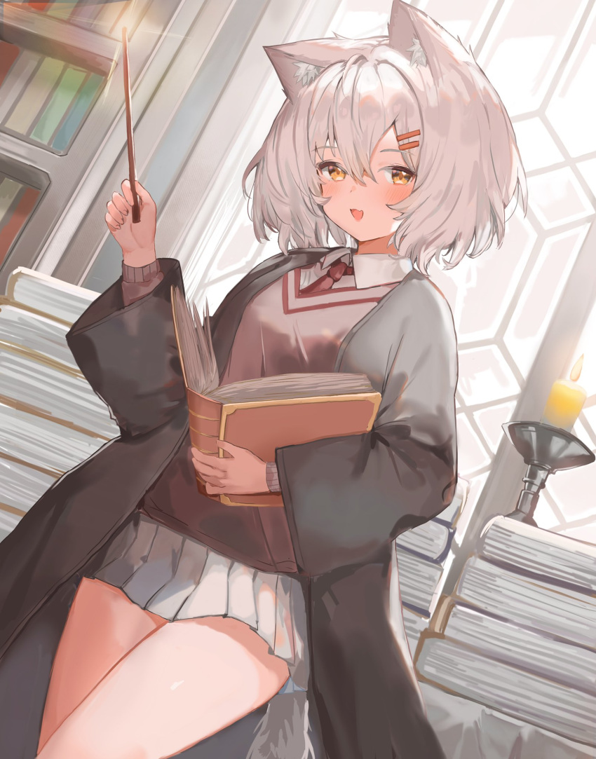 1girl :d animal_ears book book_stack bookshelf candle candlestand grey_hair harry_potter:_magic_awakened harry_potter_(series) highres holding holding_book long_sleeves looking_at_viewer miniskirt open_clothes open_robe orange_eyes original pleated_skirt robe short_hair skirt smile sorotu sweater tail wand wide_sleeves