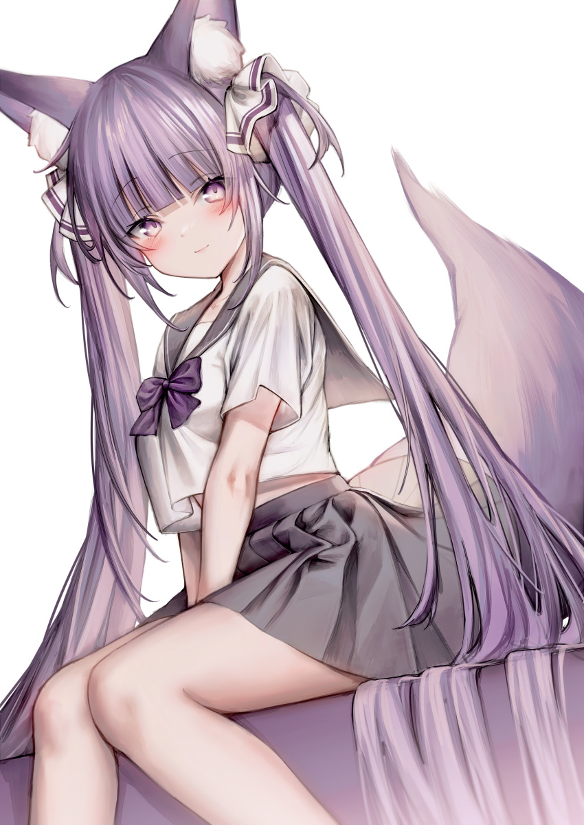 1girl absurdres animal_ear_fluff animal_ears bangs between_legs black_sailor_collar black_skirt blunt_bangs blush bow closed_mouth commentary_request feet_out_of_frame guild_cq hair_ribbon hand_between_legs highres long_hair looking_at_viewer millet_(milletneko) pleated_skirt purple_bow purple_hair quon_tama ribbon sailor_collar school_uniform serafuku shirt short_sleeves simple_background sitting skirt smile solo twintails very_long_hair violet_eyes virtual_youtuber white_background white_ribbon white_shirt