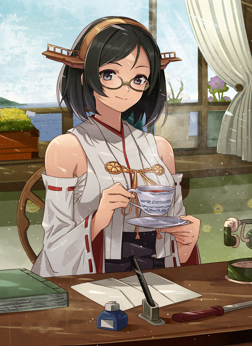 1girl absurdres bangs black_hair book breasts card_(medium) clouds cup curtains day desk detached_sleeves envelope flower glasses green-framed_eyewear highres holding holding_cup indoors japanese_clothes kanmiya_shinobu kantai_collection kirishima_(kancolle) kirishima_kai_ni_(kancolle) knife large_breasts looking_at_viewer ocean paper pen phone plant potted_plant purple_flower ribbed_sweater ribbon_trim short_hair sitting sky solo sweater teacup white_flower window yellow_flower